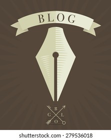 Vector engraved fountain pen icon, blog concept in vintage style 