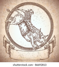 vector engraved frame with rodeo cowboy riding a bull and ribbon