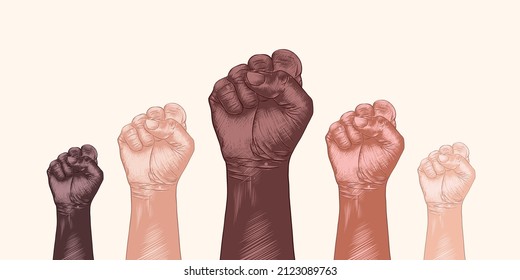 Vector engraved gestures collection for posters, decoration, banners. Hand drawn sketches of human fists in colorful.  Rights support and solidarity, people of different races, inclusive concept