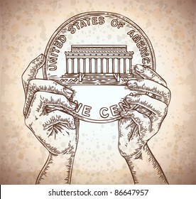 vector engraved hands with one cent