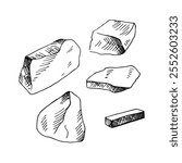 Vector engraved illustration of chalk mountain limestone rock. Hand drawn pieces of potassium carbonate whitening, natural element, paper ingredient, food additive. For label, logo, card, print, paper