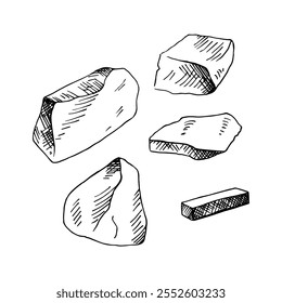 Ilustração gravada em vetor de rocha calcária de montanha de giz. Pedaços desenhados à mão de branqueamento de carbonato de potássio, elemento natural, ingrediente de papel, aditivo alimentar. Para etiqueta, logotipo, cartão, impressão, papel