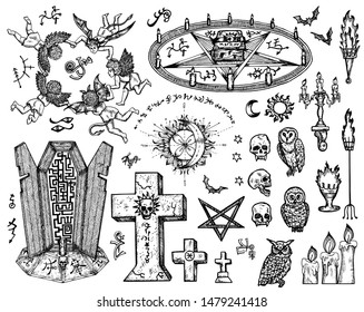 Vector engraved illustration in gothic and mystic style. No foreign language, all signs are fantasy