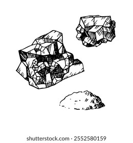 Vector engraved illustration of mineral Salt and handful of table salt. Hand drawn Halite, natural element, culinary spice, food ingredient for soda, chlorine. For label, logo, card, print, paper