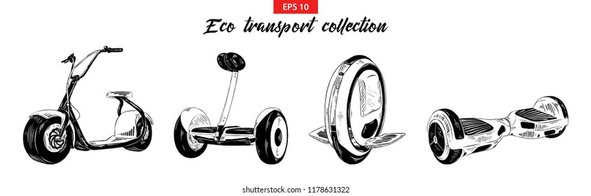 Vector engraved illustration for posters, decoration. Hand drawn sketch set of electric scooter, gyroboard, gyroscooter and mono-wheel isolated on white background. Detailed vintage etching drawing.