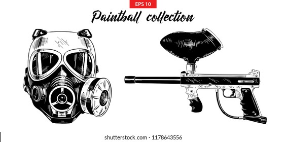 Vector engraved illustration for posters, decoration, print. Hand drawn sketch set of paintball gun and mask isolated on white background. Detailed vintage etching drawing.