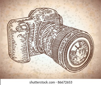 vector engraved photo camera with zoom lens