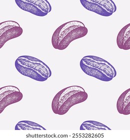 Vector engraved seamless pattern with fruits of Akebia seeds, fruits. Hand drawn repeating background with exotic Asian plant chocolate vine Acacia. Food, drink, ingredient. Design for label, textile