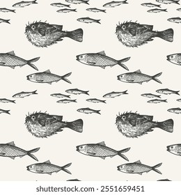 Vector engraved seamless pattern with Fugu fish, Anchovy, fingerling, carp, sardine. Hand drawn repeating background with sea animals. Seafood, delicacy, marine life, animals. For textile, paper