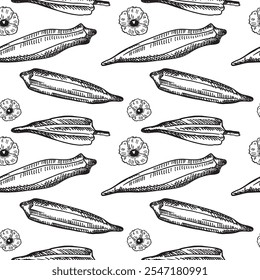  Vector engraved seamless pattern with Okra root vegetable plant. Repeating background with fruits, flower of Gumbo vegetable, edible Abelmoschus. Food, Indian Pakistani cuisine. For wrapping, logo