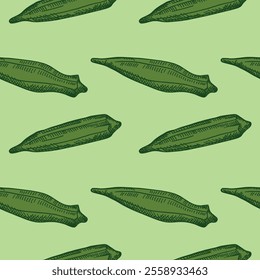 Vector engraved seamless pattern with Okra root vegetable plant. Repeating background with fruits, flower of Gumbo vegetable, edible Abelmoschus. Food, Indian Pakistani cuisine. For wrapping, logo