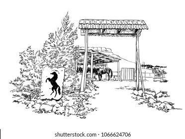 Vector engraved sketch style illustration of a horse stable with the silhouette of a horse inside the barn.