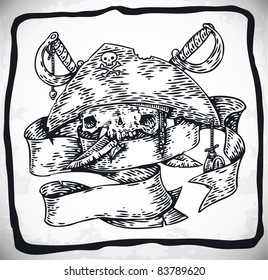 vector engraved skull with pirate hat, swords and ribbon