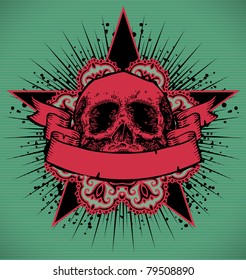 vector engraved skull with ribbon and star
