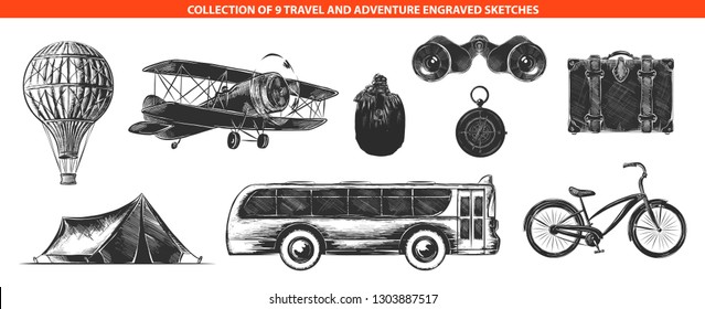 Vector engraved style adventure and travel collection for posters, decoration and print, logo. Hand drawn sketches of monochrome isolated on white background. Detailed vintage woodcut style drawing. 