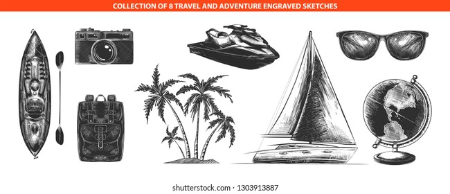 Vector engraved style adventure and travel collection for posters, decoration and print, logo. Hand drawn sketches of monochrome isolated on white background. Detailed vintage woodcut style drawing. 