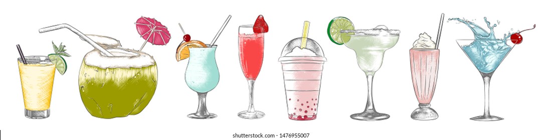 Vector engraved style alcohol cocktails and drinks collection for posters, decoration, menu, logo. Hand drawn colorful sketches isolated on white background. Detailed vintage woodcut style drawing. 