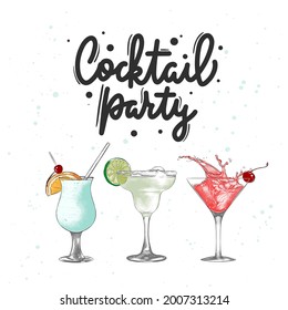 Vector engraved style alcoholic cocktails illustration set for posters, decoration, menu. Hand drawn drink or beverage sketch with lettering, Cocktail party. Detailed colorful drawing.