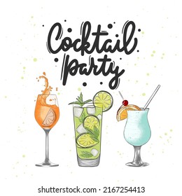 Vector engraved style alcoholic cocktails illustration set for posters, decoration, menu. Hand drawn drink or beverage sketch with lettering, Cocktail party. Detailed colorful drawing.