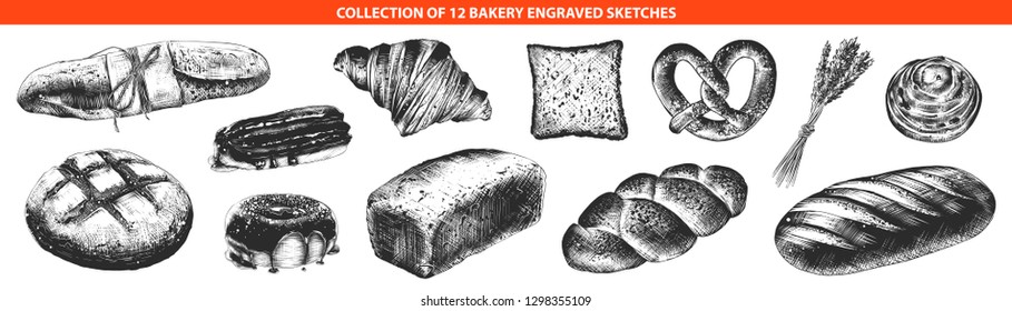 Vector engraved style bakery and bread collection for posters, decoration and print, logo. Hand drawn sketches of monochrome isolated on white background. Detailed vintage woodcut style drawing. 