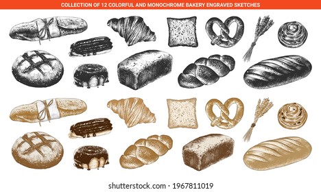 Vector engraved style bakery and bread collection for posters, decoration and print, logo. Hand drawn sketches of monochrome and colorful isolated on white background. Detailed woodcut style drawing. 