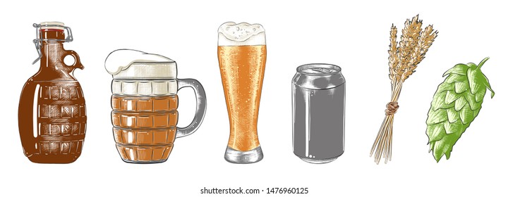 Vector engraved style beer collection for posters, decoration, logo, emblem, menu and print. Hand drawn colorful sketches isolated on white background. Detailed vintage woodcut style drawing.