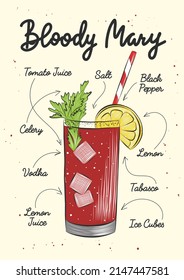 Vector engraved style Bloody Mary alcoholic cocktail illustration for posters, decoration, menu and print. Hand drawn sketch with lettering and recipe, beverage ingredients. Detailed drawing.