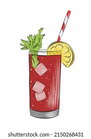 Vector engraved style Bloody Mary alcoholic cocktail illustration for posters, decoration, menu and print. Hand drawn sketch of beverage, drink. Detailed drawing isolated on white background.