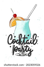 Vector engraved style Blue Hawaiian alcoholic cocktail illustration for posters, decoration, menu. Hand drawn drink or beverage sketch with lettering, Cocktail party. Detailed colorful drawing.