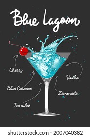 Vector engraved style Blue Lagoon alcoholic cocktail illustration for posters, decoration, menu and print. Hand drawn sketch with lettering and recipe, beverage ingredients. Detailed colorful drawing.