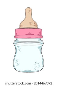 Vector engraved style children illustration for posters, decoration and newborn print. Hand drawn sketch of baby nipple bottle isolated on white background. Detailed vintage etching style drawing.
