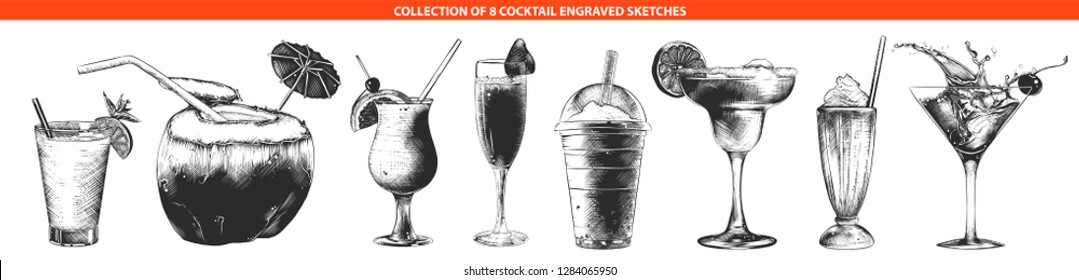 Vector engraved style cocktail collection for posters, decoration and print, logo. Hand drawn sketches of monochrome isolated on white background. Detailed vintage woodcut style drawing.