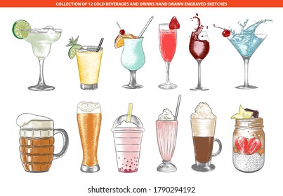 Vector engraved style cold beverages and cocktails collection for posters, decoration and menu, logo. Hand drawn colorful sketches isolated on white background. Detailed vintage woodcut drawing.