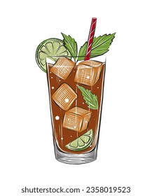 Vector engraved style Cuba Libre alcoholic cocktail with ice cubes, splashes illustration for posters, decoration, menu and logo. Hand drawn sketch of drink, beverage isolated on white background.