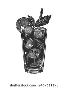 Vector grabado estilo Cuba Libre cóctel alcohólico con cubos de hielo, salpicaduras ilustración para carteles, decoración, menú y logotipo. Dibujado a mano boceto de bebida, bebida aislada sobre fondo blanco.	