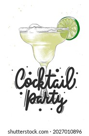 Vector engraved style Daiquiri alcoholic cocktail illustration for posters, decoration, menu. Hand drawn drink or beverage sketch with lettering, Cocktail party. Detailed colorful drawing.