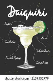 Vector engraved style Daiquiri cocktail illustration for posters, decoration, logo and print. Hand drawn sketch with lettering and recipe, beverage ingredients. Detailed colorful drawing.