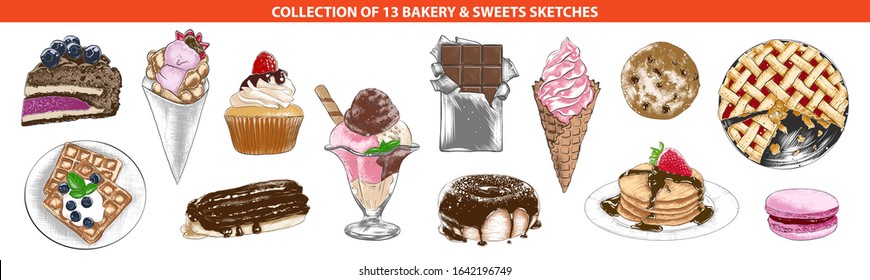 Vector engraved style desert and bakery collection for posters, decoration and menu, logo. Hand drawn sketches of colorful isolated on white background. Detailed vintage woodcut style drawing. 