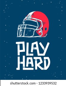 Vector engraved style detailed illustration for posters, decoration and print in vintage style. Hand drawn sketch of red american football helmet, modern lettering with shadows on blue background. 