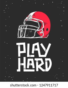 Vector engraved style detailed illustration for posters, decoration and print in vintage style. Hand drawn sketch of red american football helmet, modern lettering with shadows on dark background.