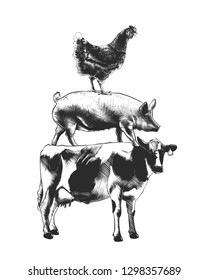 Colección de animales de granja de estilo vectorial grabado para carteles, decoración e impresión, logotipo. Dibujos monocromos dibujados a mano aislados sobre fondo blanco. Dibujo de estilo de madera vintage detallado. 