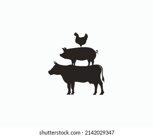 Vector Engraved Style Farm Animals Collection. Cow, Pig, Chicken, Icon Illustration Isolated Vector Sign Symbol.