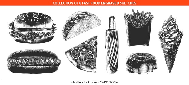 Vector engraved style fast food menu collection for posters, decoration, logo, emblem. Hand drawn sketches of fast food isolated on white background. Detailed vintage woodcut style drawing.