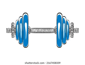 Vector engraved style gym or fitness illustration for posters, logo, decoration and print. Hand drawn sketch of dumbbell isolated on white background. Detailed vintage woodcut style.