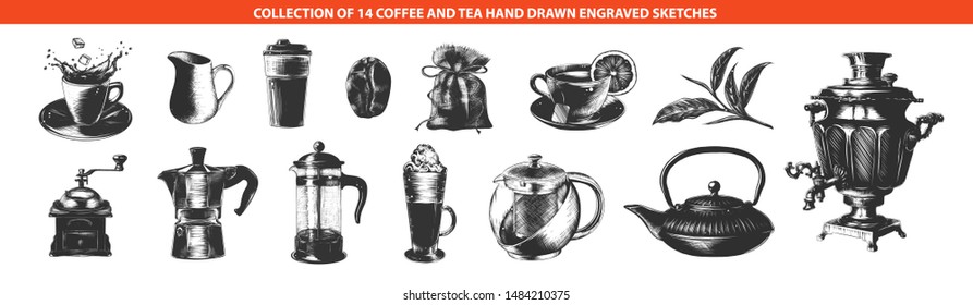 Colección de café caliente y té grabado en vectores para afiches, decoración y menú, logo. Dibujos dibujados a mano de monocromo aislados sobre fondo blanco. Dibujo de estilo de madera vintage detallado.