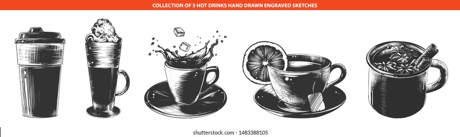 Vector engraved style hot drinks collection for posters, decoration and menu, logo. Hand drawn sketches of monochrome isolated on white background. Detailed vintage woodcut style drawing. 