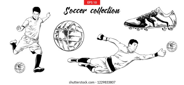 Vector engraved style illustration for logo, emblem, label or poster. Hand drawn sketch set of soccer football players, shoe and ball isolated on white background. Detailed vintage doodle drawing.