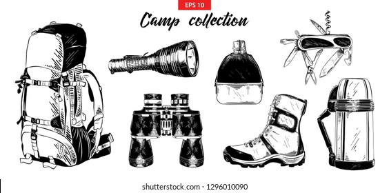 Vector engraved style illustration for logo, emblem, label or poster. Hand drawn sketch set of camping elements isolated on white background. Detailed vintage doodle drawing.