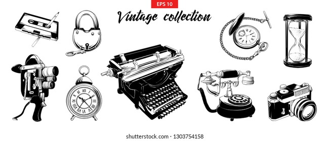 Vector engraved style illustration for logo, emblem, label or poster. Hand drawn engraved sketch set of vintage odjects isolated on white background. Detailed vintage doodle drawing.