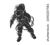Vector engraved style illustration for posters, decoration and print. Hand drawn sketch of astronaut in monochrome isolated on white background. Detailed vintage woodcut style drawing.